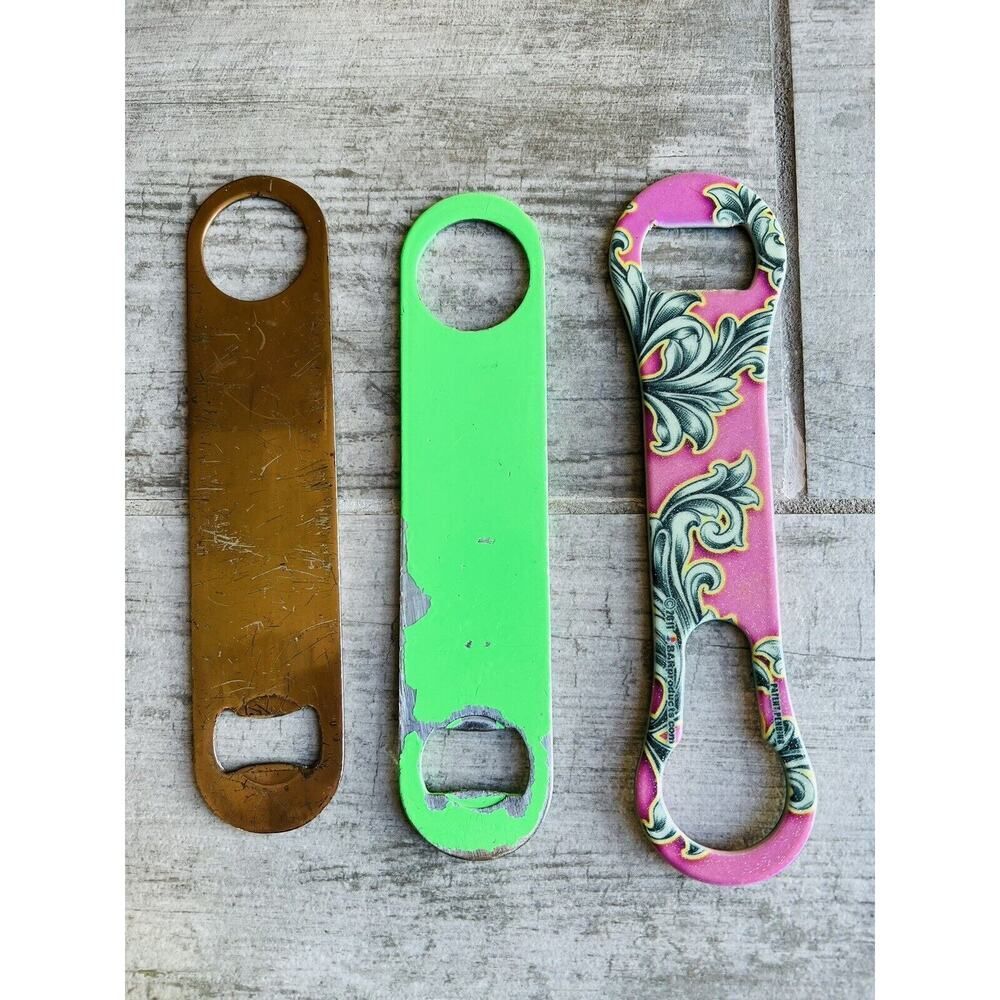 Lot Set of 3 Stainless Steel Beer Bottle Opener Bar Blades Gold Neon Pink Floral